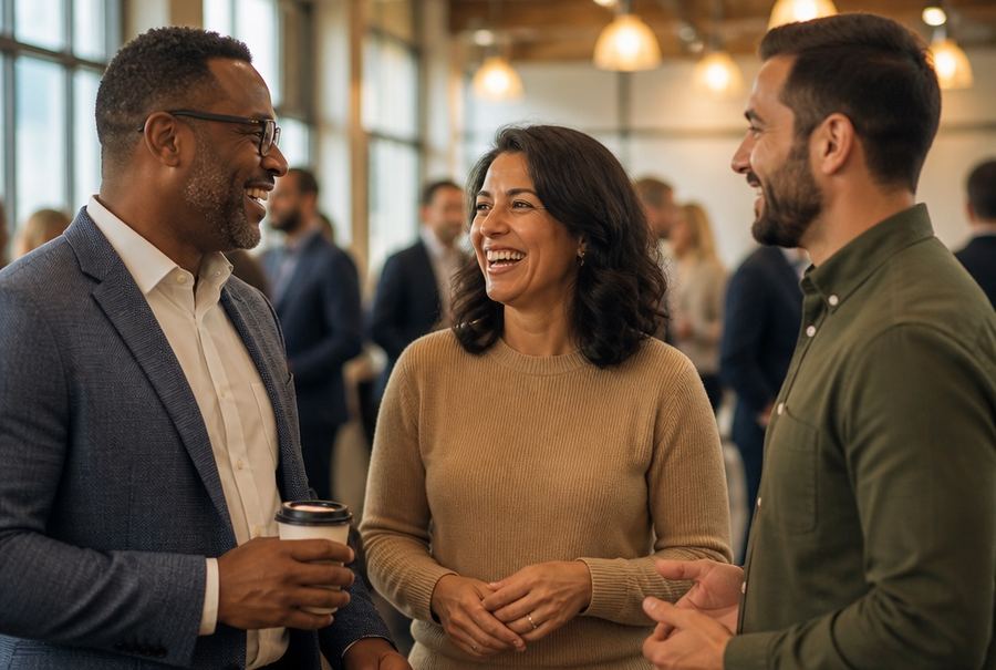 Three local business owners laughing together at a chamber of commerce mixer
