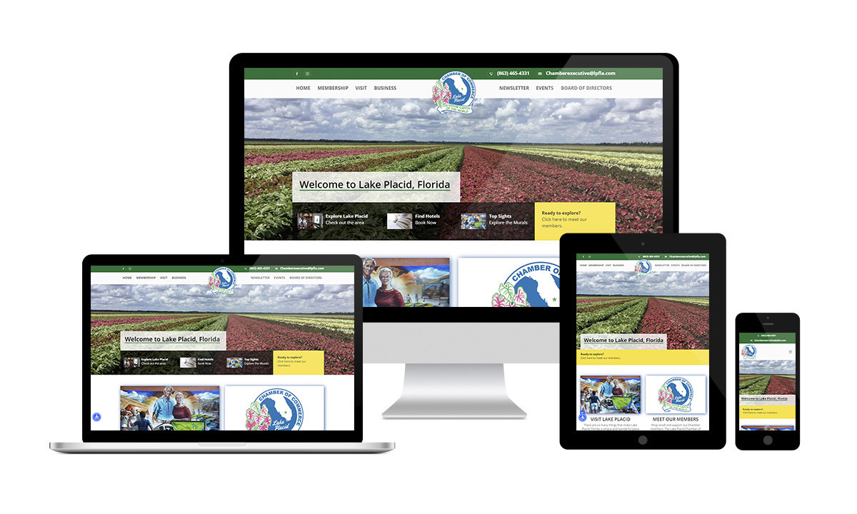 The Greater Lake Placid Chamber of Commerce website shown on a laptop, desktop, tablet and phone