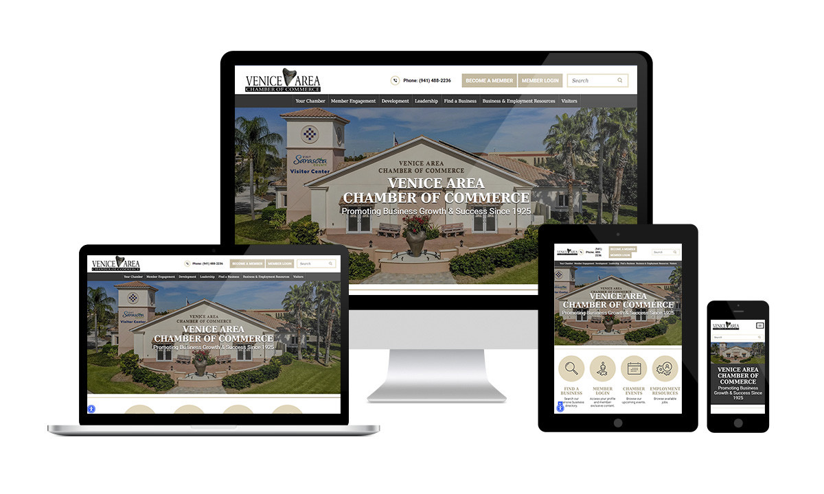 The Venice Chamber of Commerce website shown on a laptop, desktop, tablet and phone