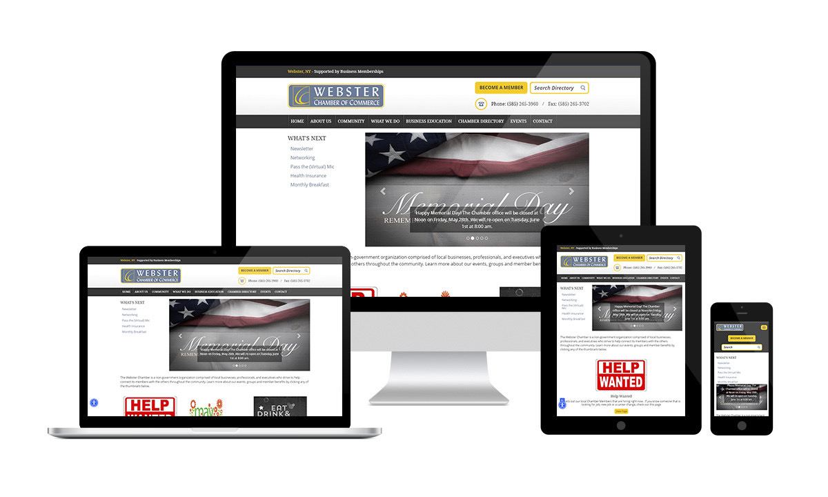 The Webster Chamber of Commerce website shown on a laptop, desktop, tablet and phone